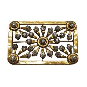 Antique Style Gold Tone Rectangular Brooch Floral Clear Rhinestones READ ME